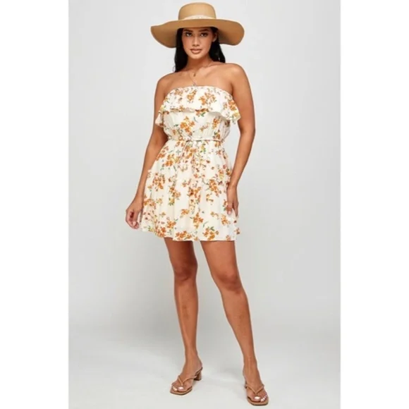 Cream Orange Floral Print Ruffle Trim Strapless Tube Casual Summer Mini Dress - Picture 3 of 6